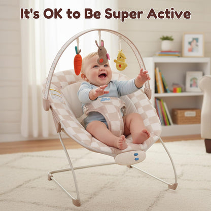 Side view of Tiny Marvels bouncer showing ergonomic recline
