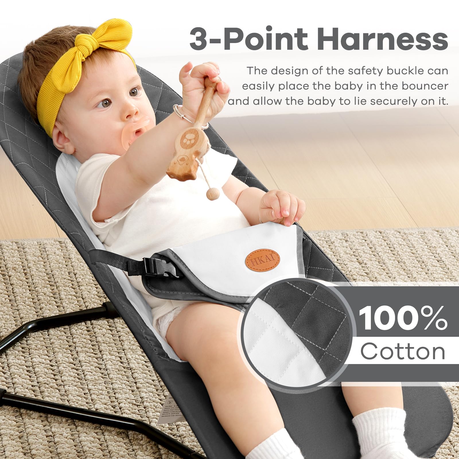 Close up of Hkai baby bouncer 100 percent cotton fabric texture