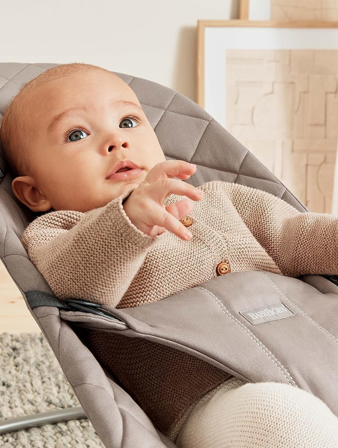 Close up of BabyBjörn Bouncer Bliss classic quilt fabric texture