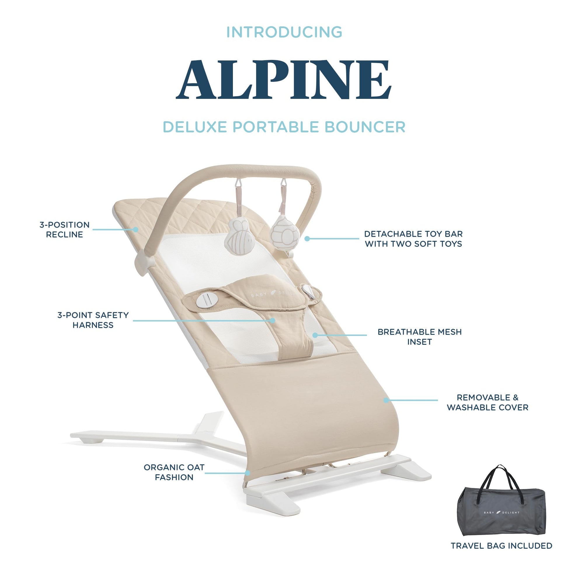 Baby Delight Alpine Deluxe bouncer side profile showing recline positions