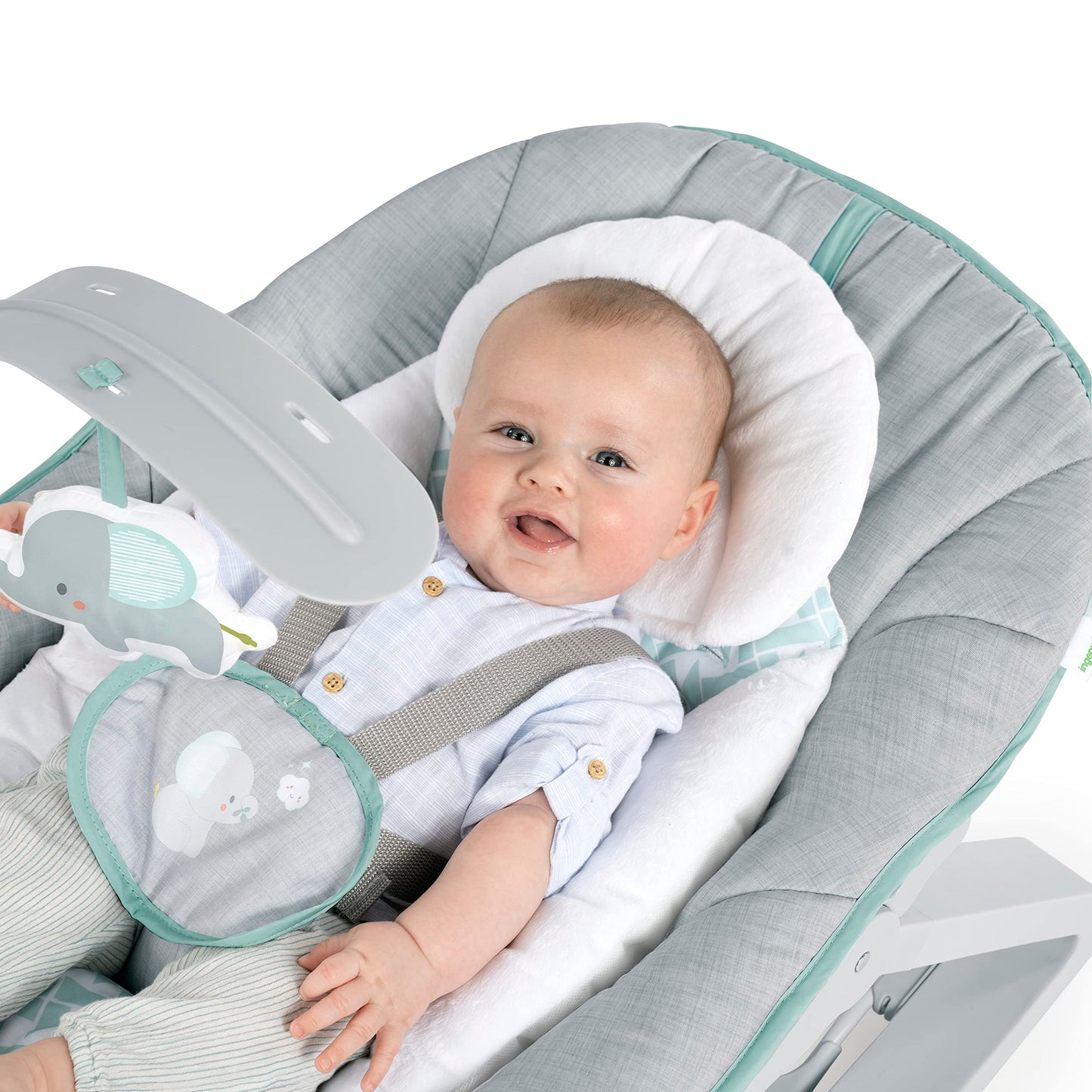 Ingenuity baby bouncer showing toy bar with elephant toy