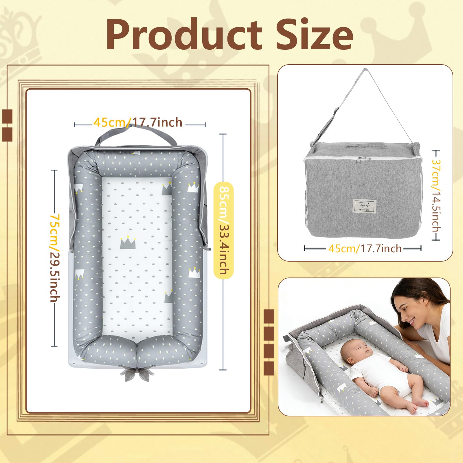 Side view of lightweight portable infant sleeper showing three hundred sixty degree bumper cushioning
