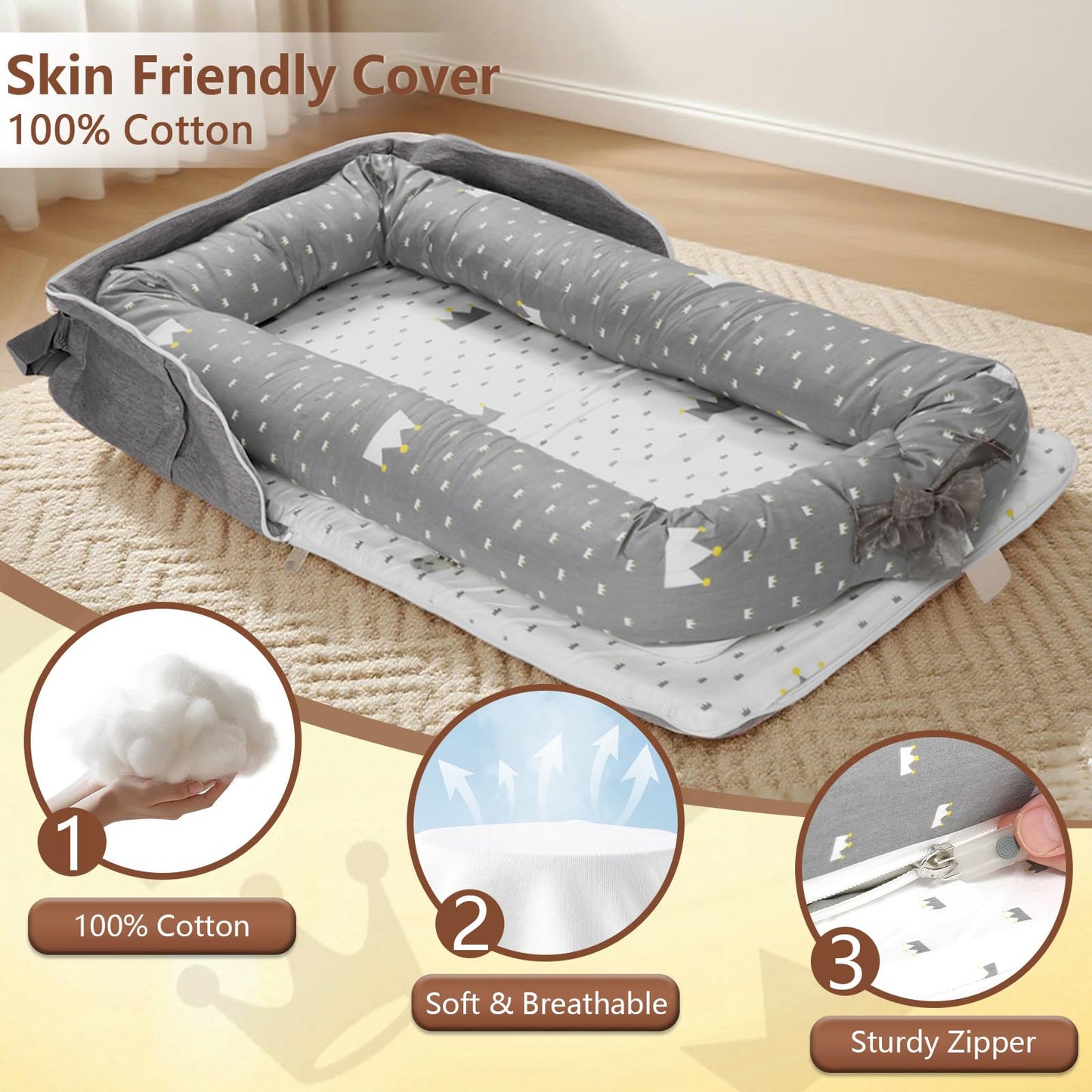 Integrated travel strap on portable grey dinosaur infant nest for easy outdoor transport