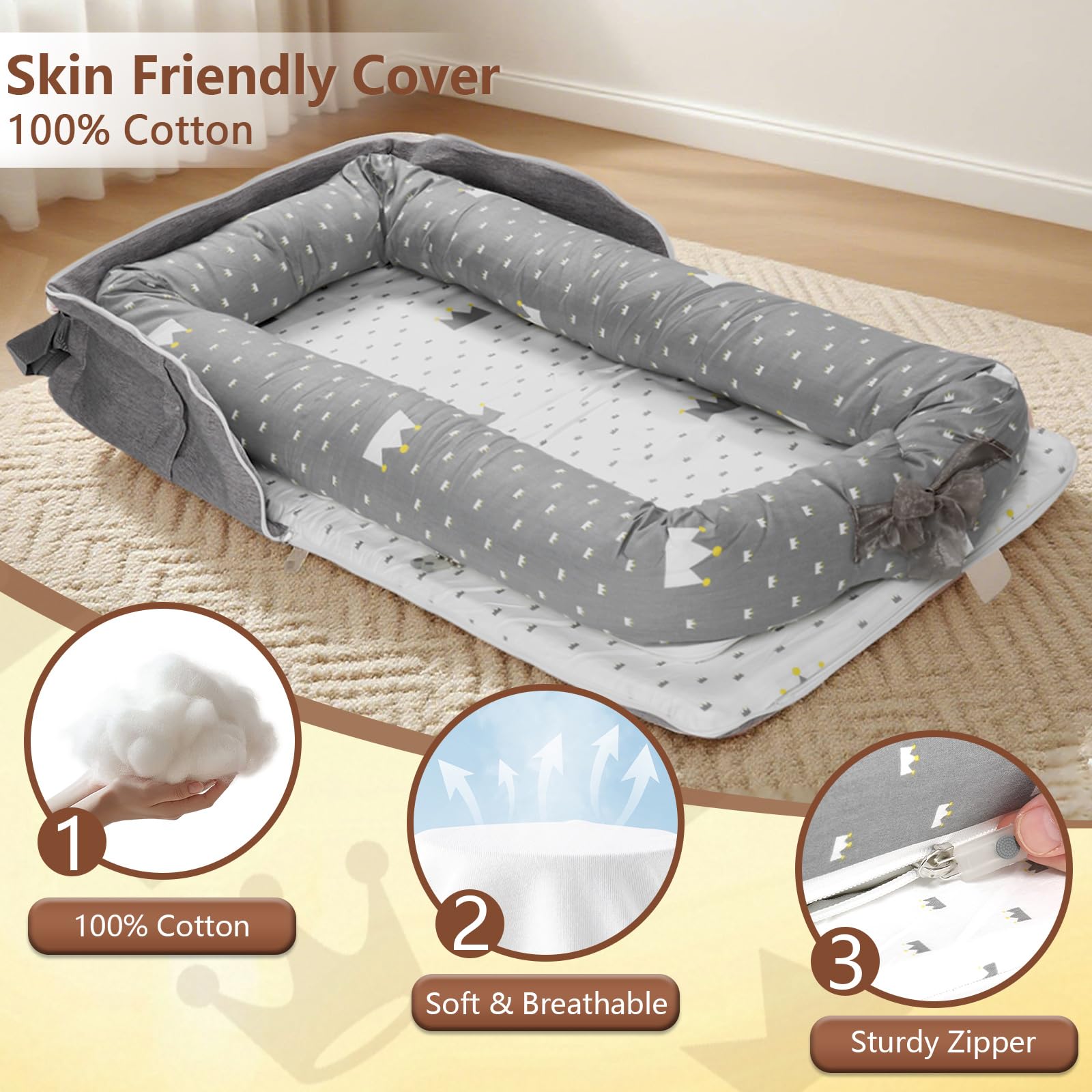 Integrated travel strap on portable grey dinosaur infant nest for easy outdoor transport