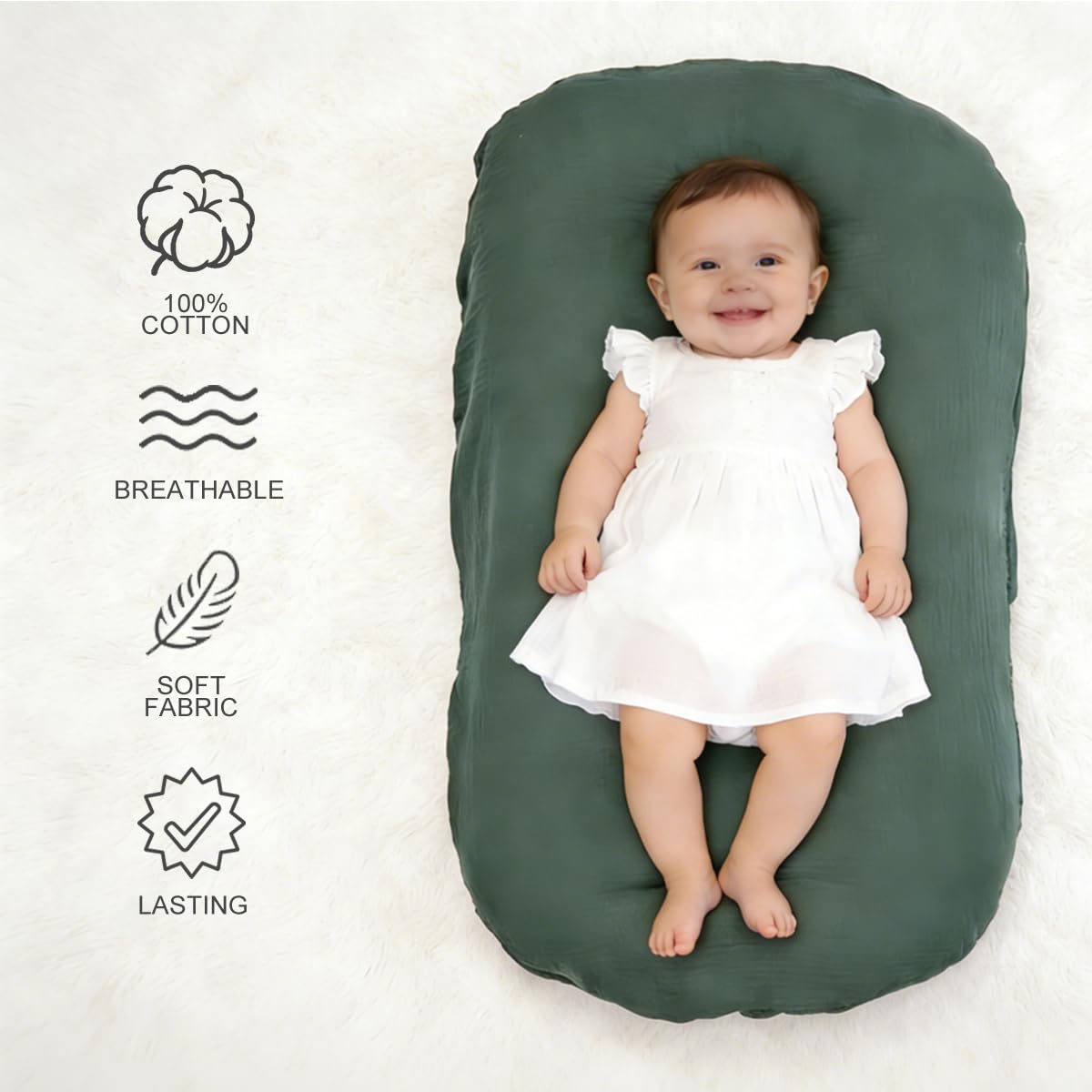 Close up texture of soft moss flannel baby nest cover
