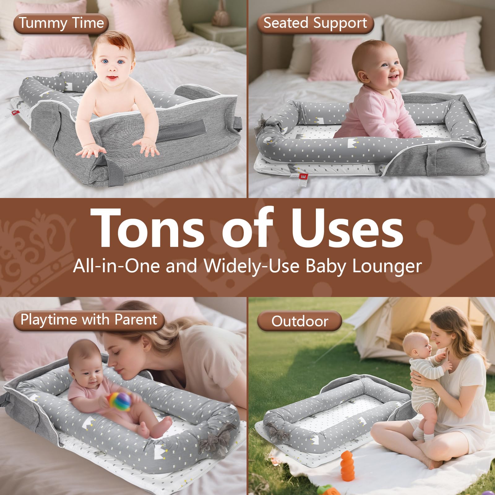 BEIARA baby lounger shown folded and ready for travel usage