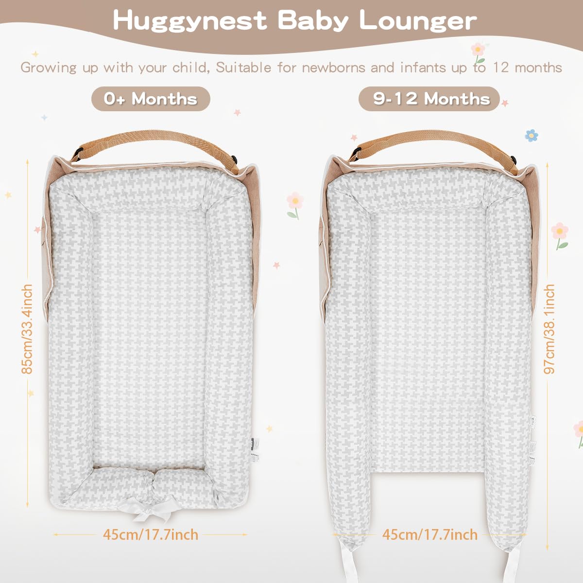 Huggynest infant nest showing U-shaped safety bumper and bow accent