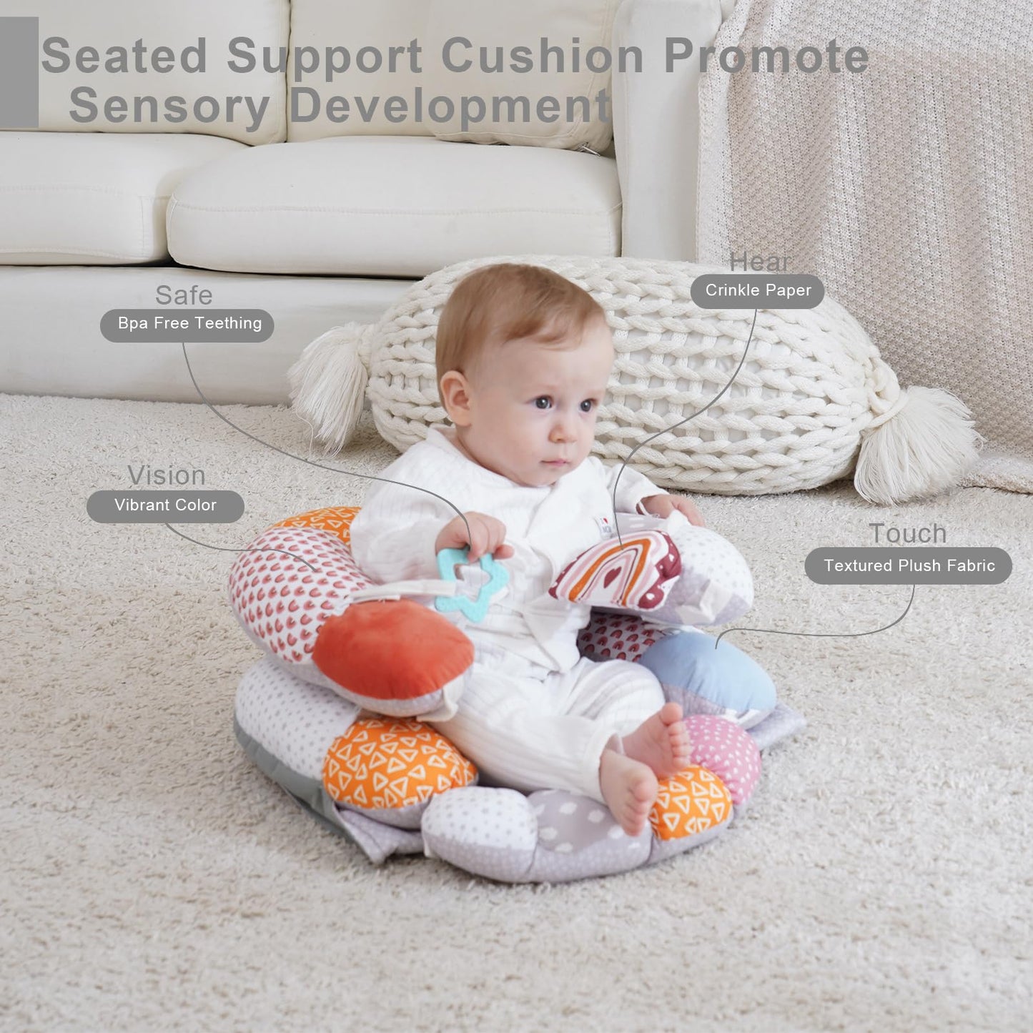 Detachable sensory toys and teether included with Miimer baby cushion