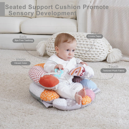 Detachable sensory toys and teether included with Miimer baby cushion