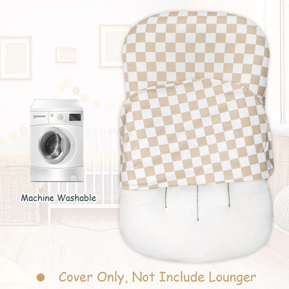 Side angle of Dilimi baby lounger cover showing fit on infant pillow