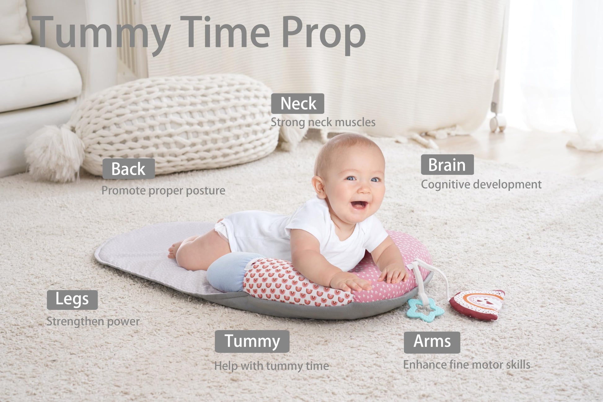 Infant using Miimer 2-in-1 support pillow for seated playtime