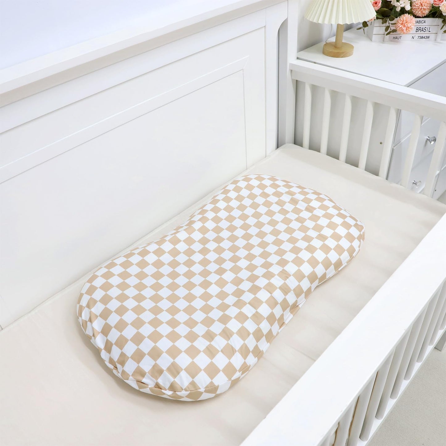 High quality fabric detail of light brown checkerboard lounger slipcover