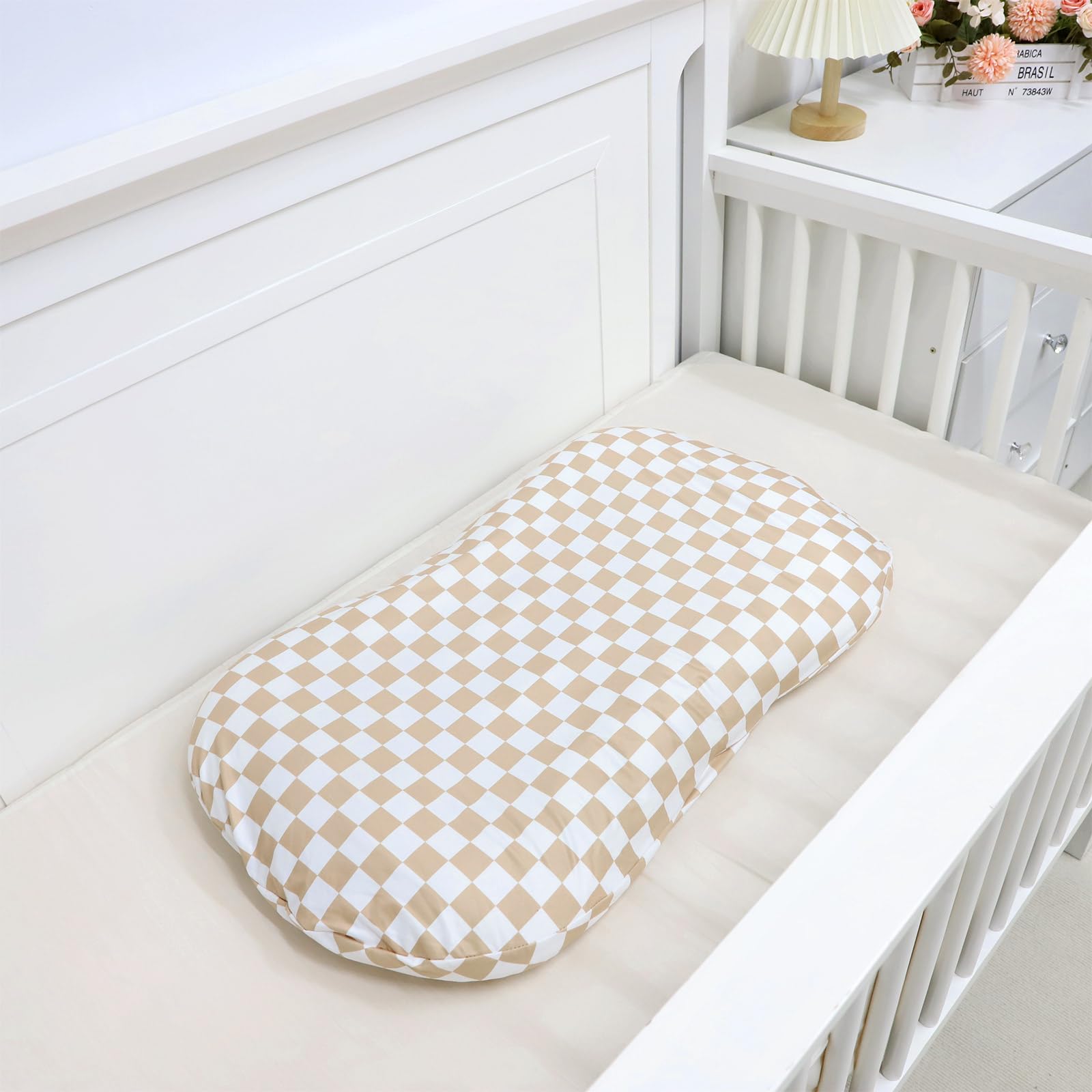 High quality fabric detail of light brown checkerboard lounger slipcover