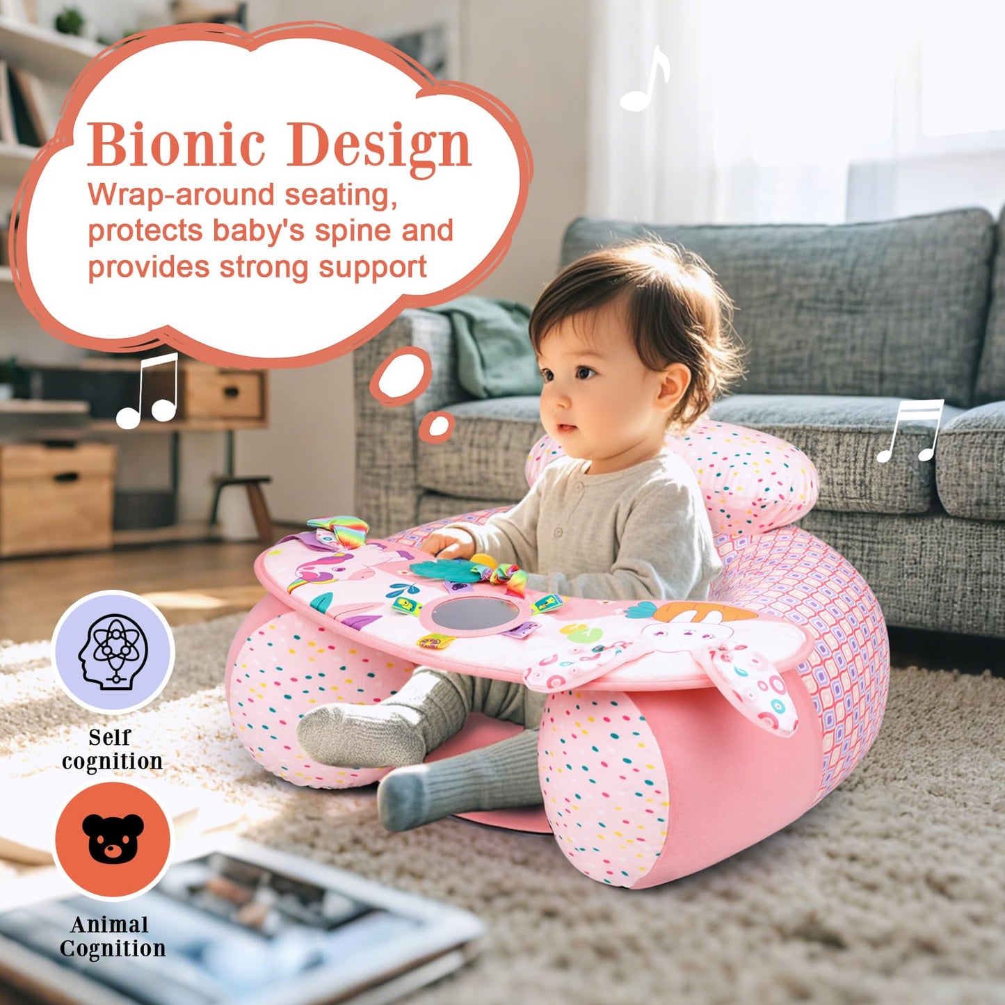 Side angle of Alaoo portable baby floor chair with activity tray