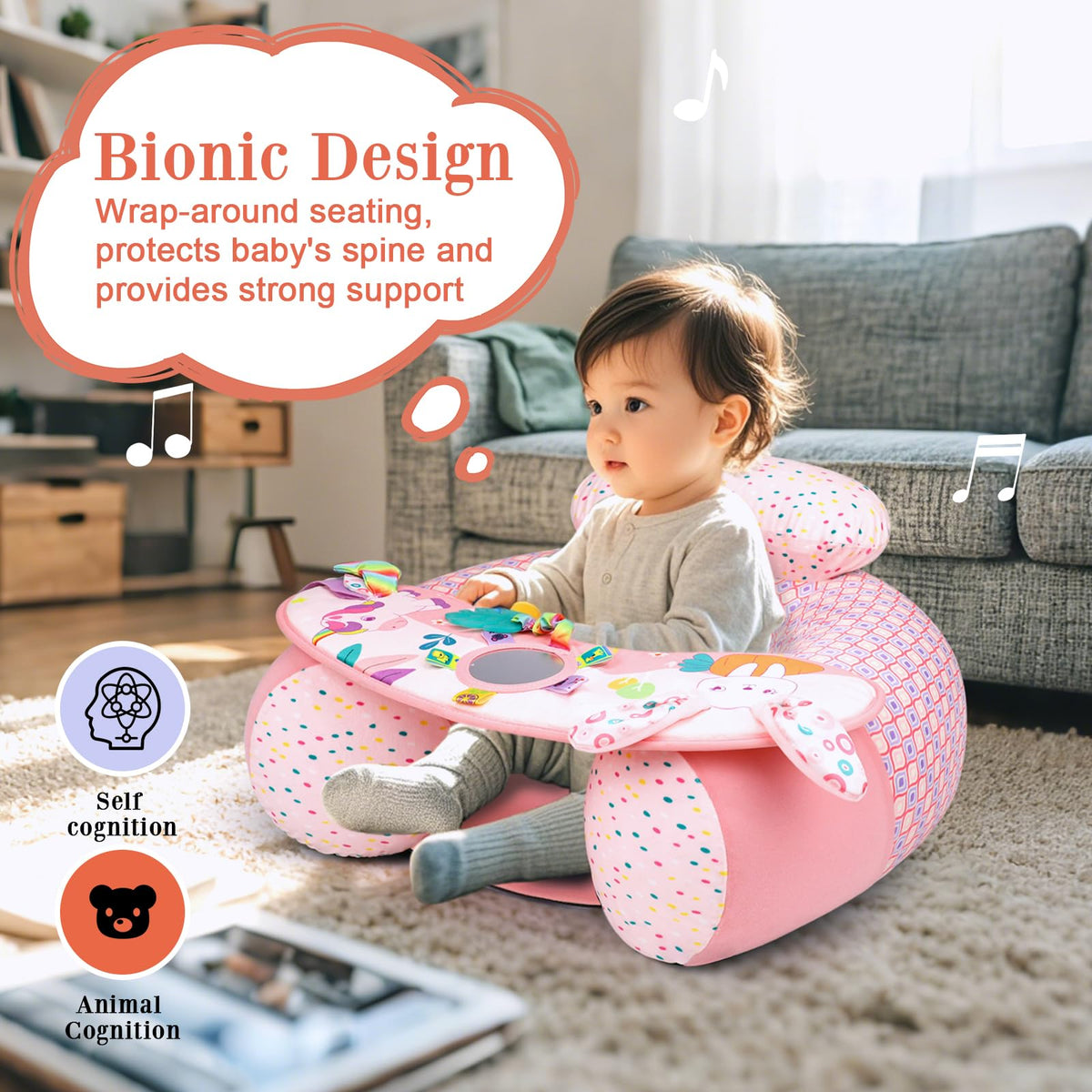 Blublu Park baby inflatable chair showing sensory activity tray and mirror