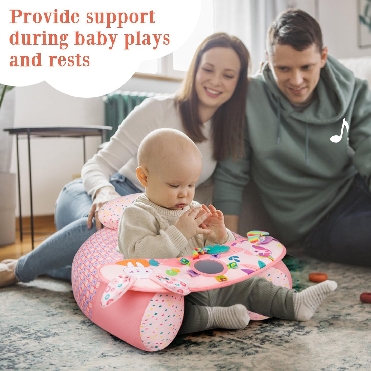 Close up of sensory play tray with rattle and squeaker features