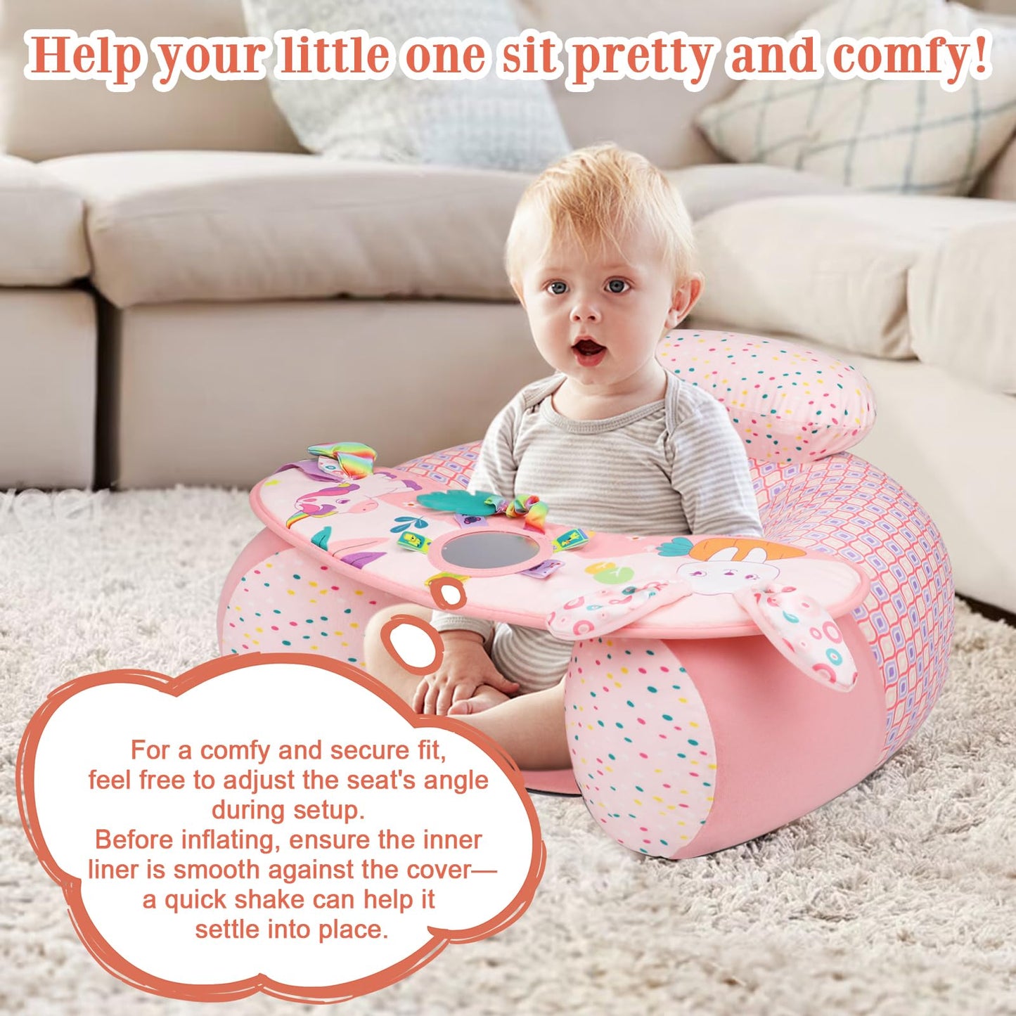 High backrest support detail on pink inflatable baby chair