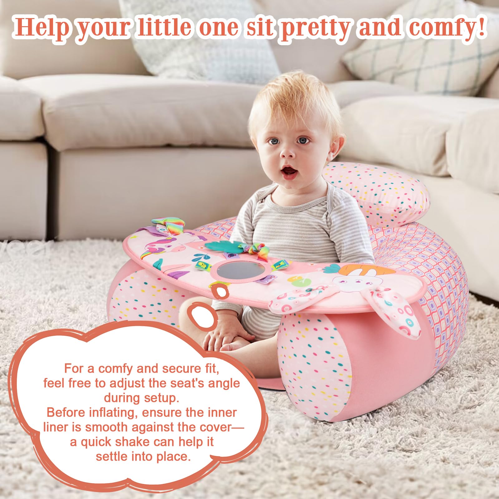 High backrest support detail on pink inflatable baby chair