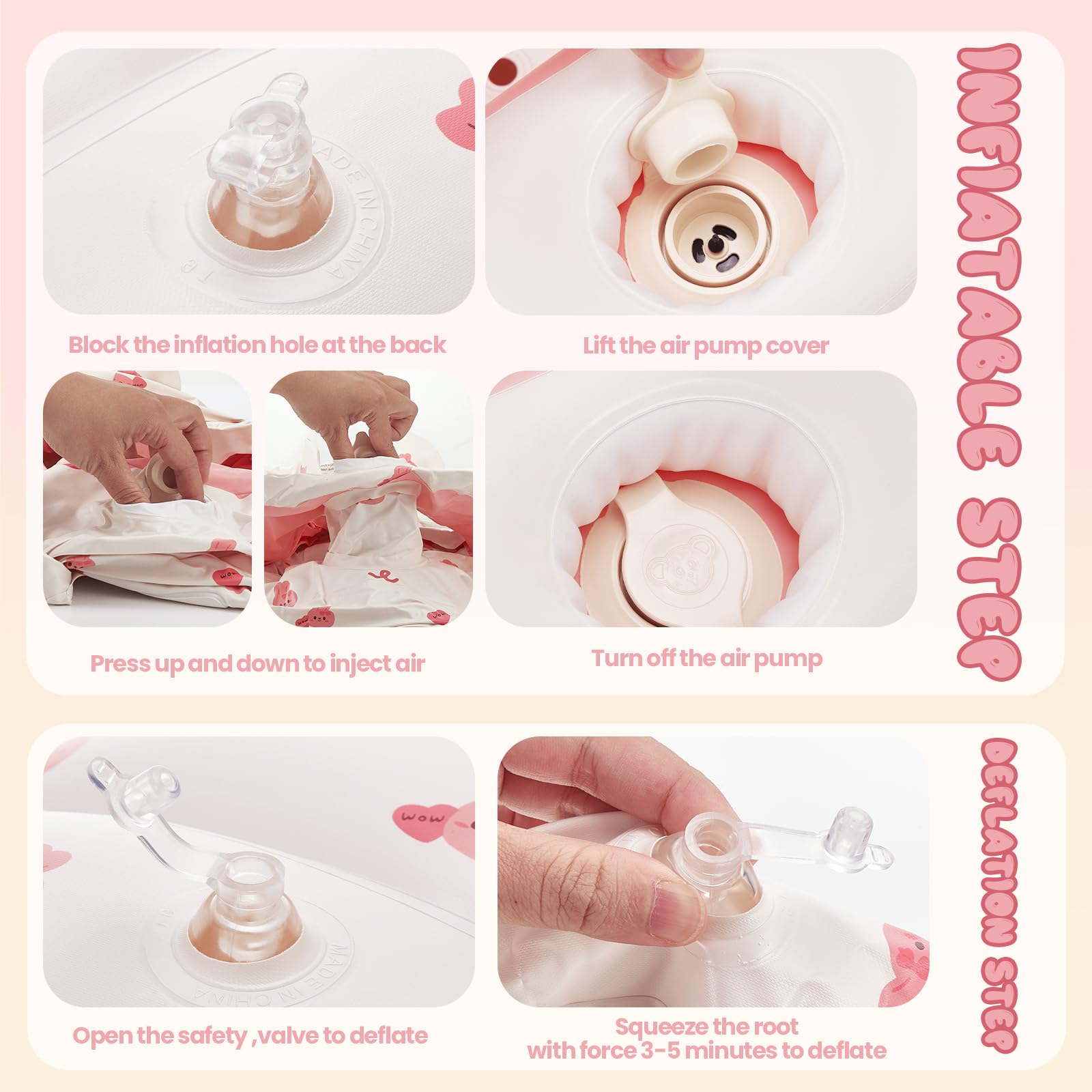Top view of pink bunny inflatable baby chair with safety features