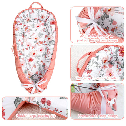 Dayeeball pink lounger cover being placed on a baby nest
