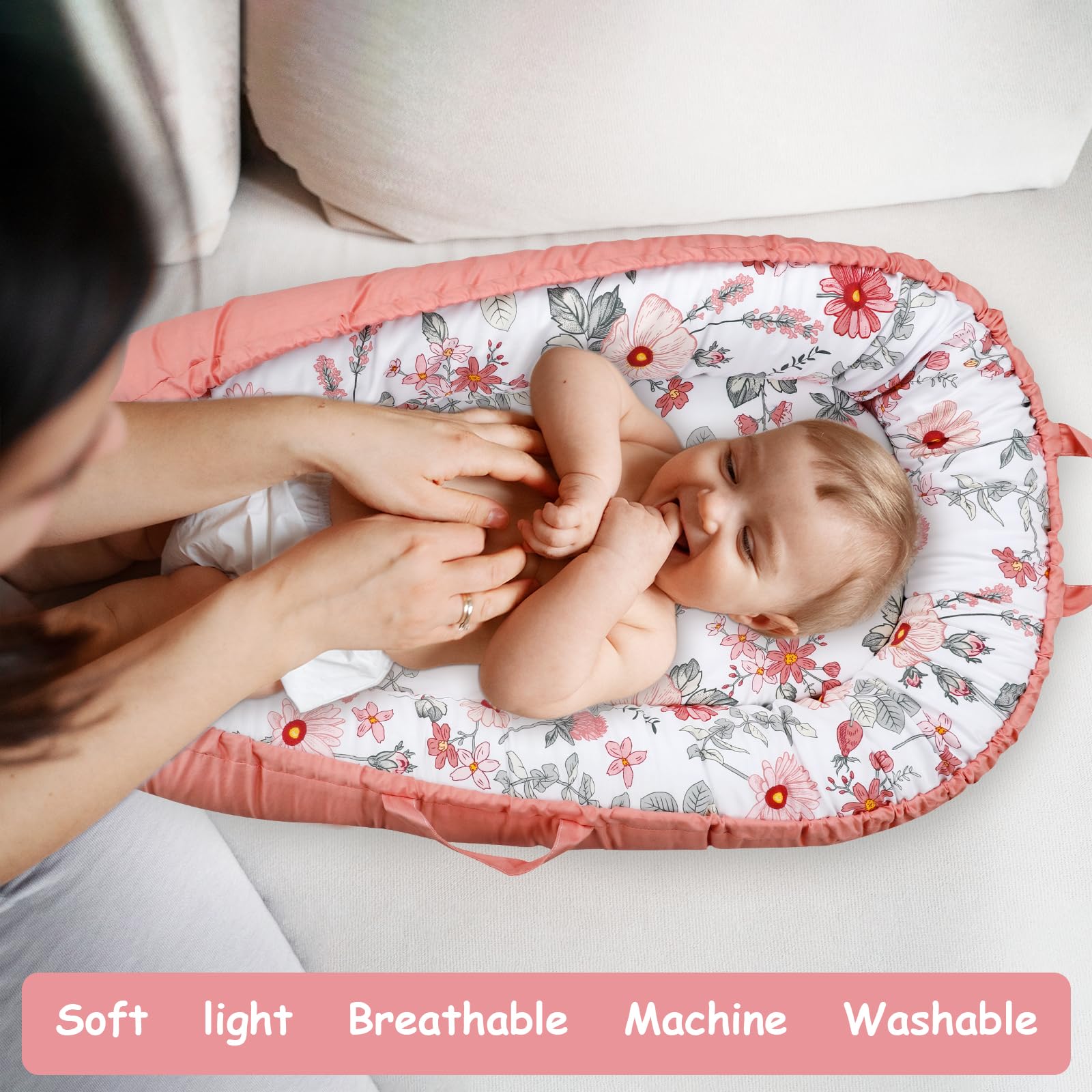 Detailed stitching on Dayeeball baby lounger replacement cover