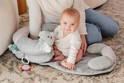 Close up of plush elephant detail on baby floor pillow