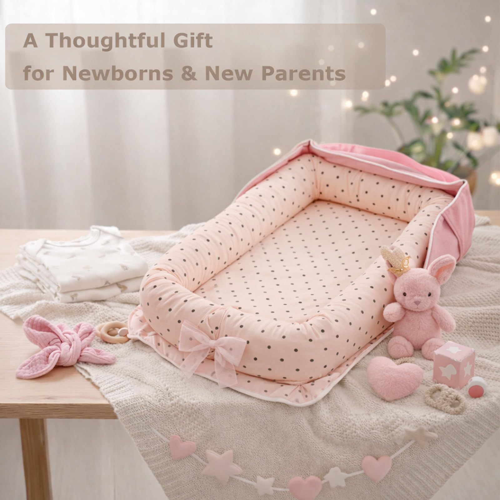 Baby lounger displayed for travel convenience