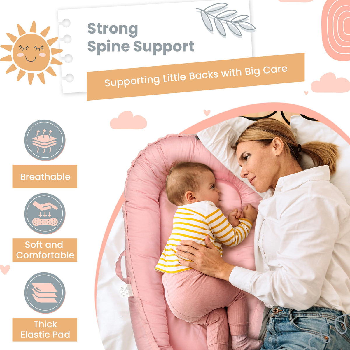 Meindoovm baby lounger showing breathable cotton fabric texture