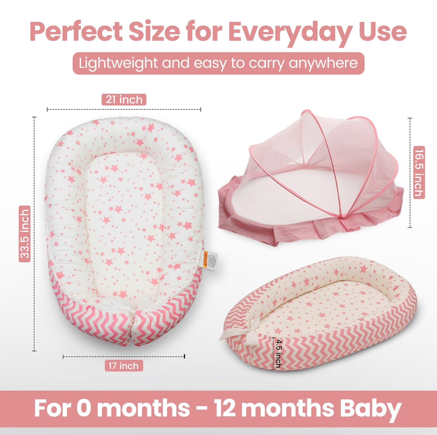 Portable infant lounger showing breathable fabric texture