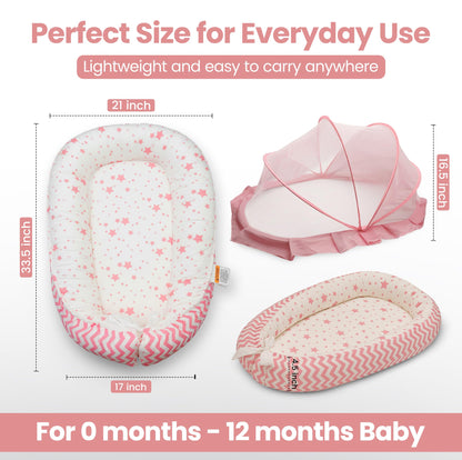 Portable infant lounger showing breathable fabric texture