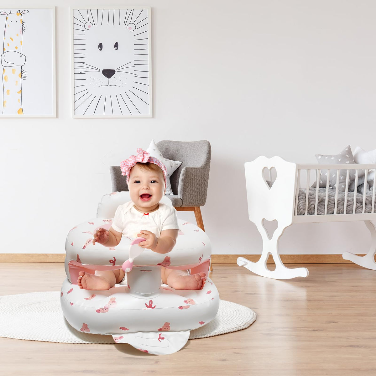 Side angle of TDTOK inflatable baby chair showing 360 degree support