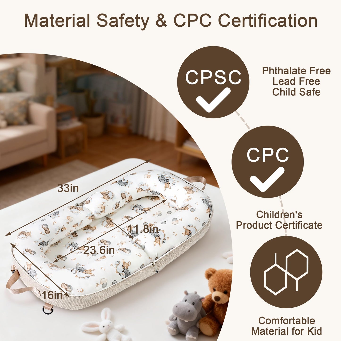 Portable infant nest showing breathable cotton fabric