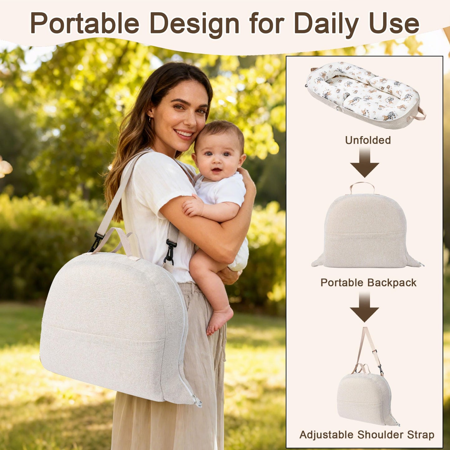 Side view of portable baby lounger with storage pocket