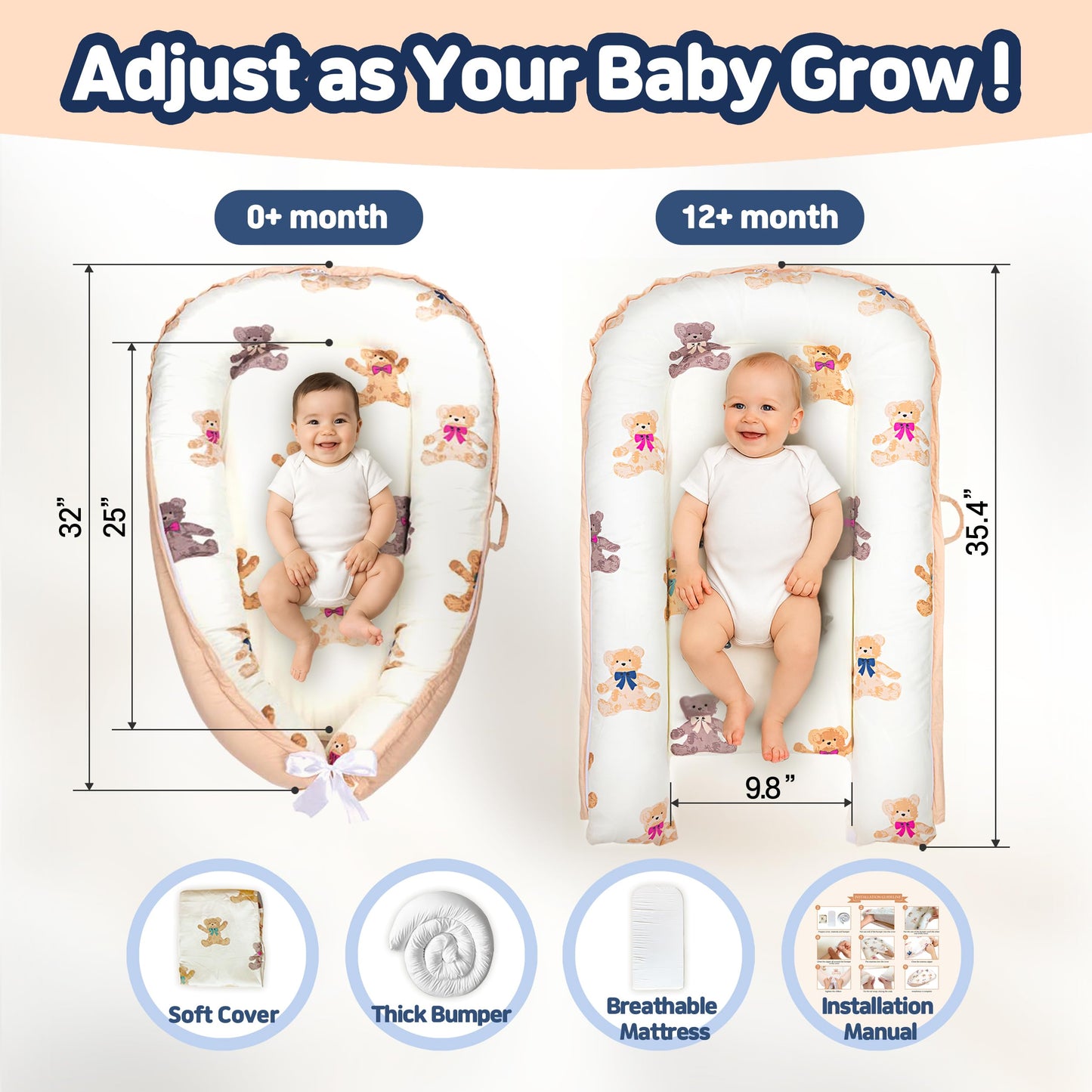 Side view of Kombi baby lounger with 1.6-inch sponge mattress