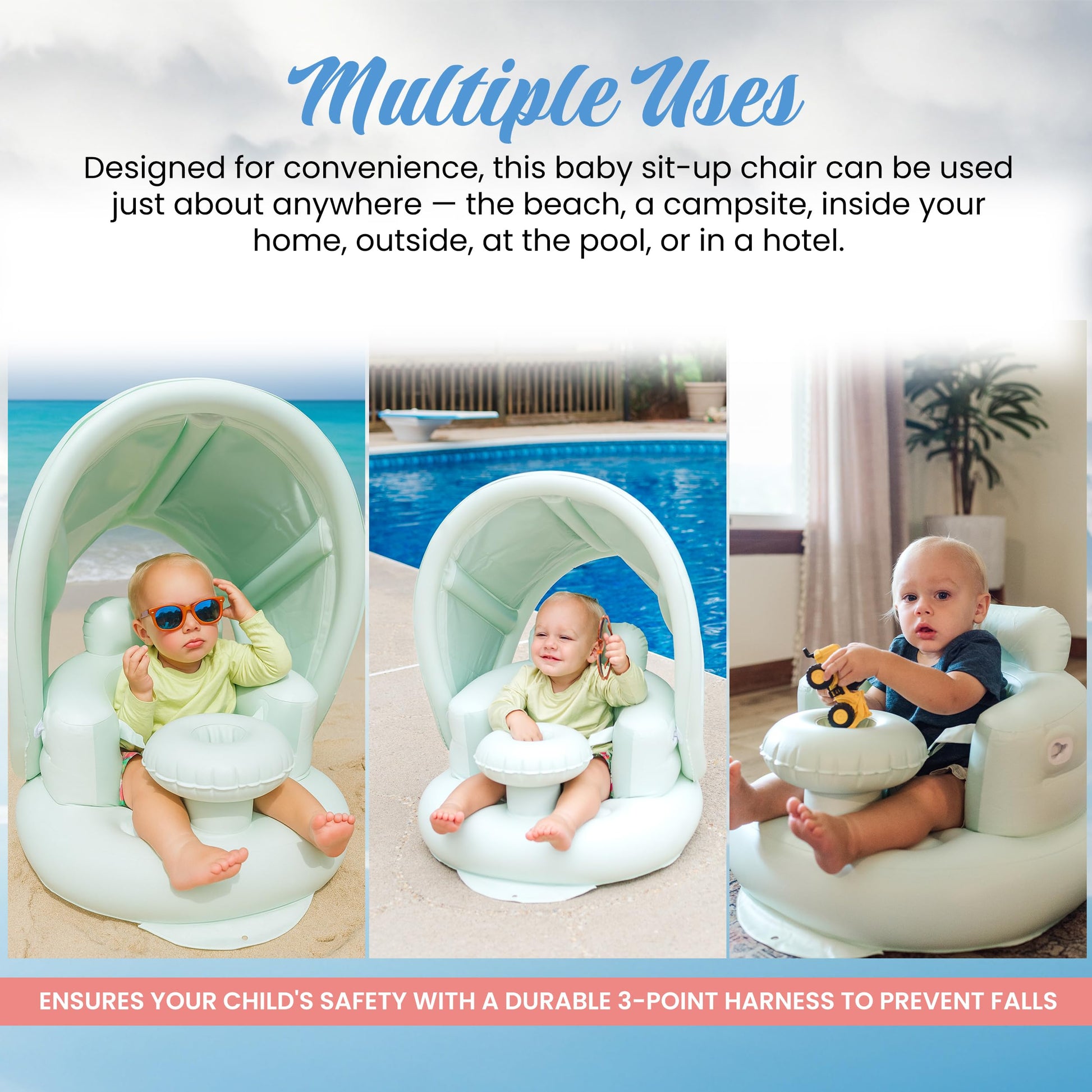 Detachable canopy on Little Blue Crab inflatable baby chair