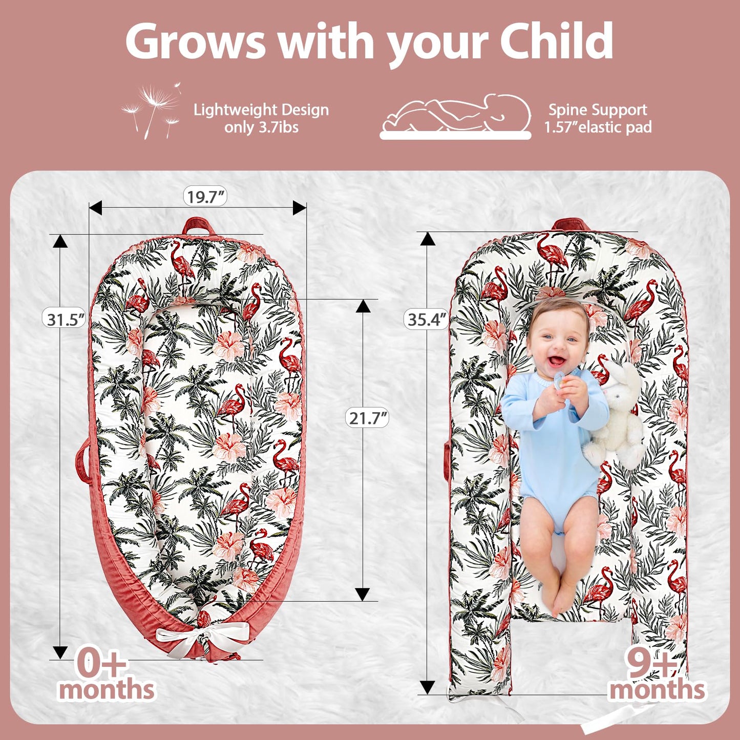 Organic cotton baby nest lounger with tropical flamingo design
