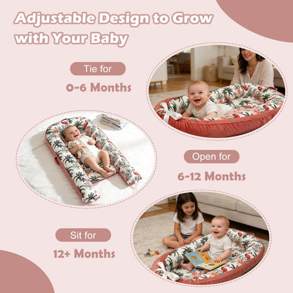 Portable infant lounger showing breathable fabric texture