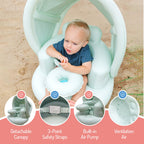 Little Blue Crab light green baby seating solution set up on outdoor lawn