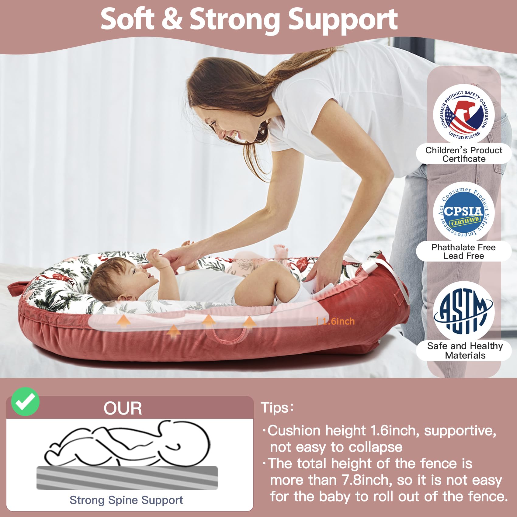 Side profile of Bubbyhuts newborn lounger with removable cover