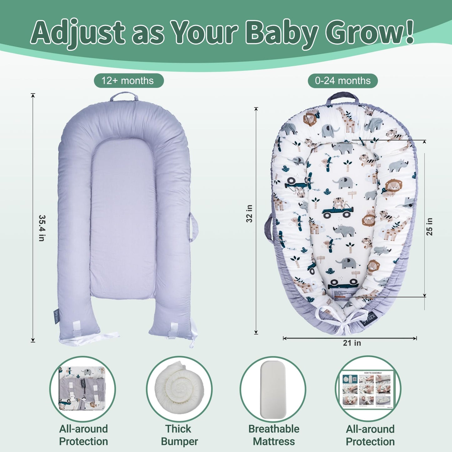 Top view of breathable fabric infant lounger in animal print
