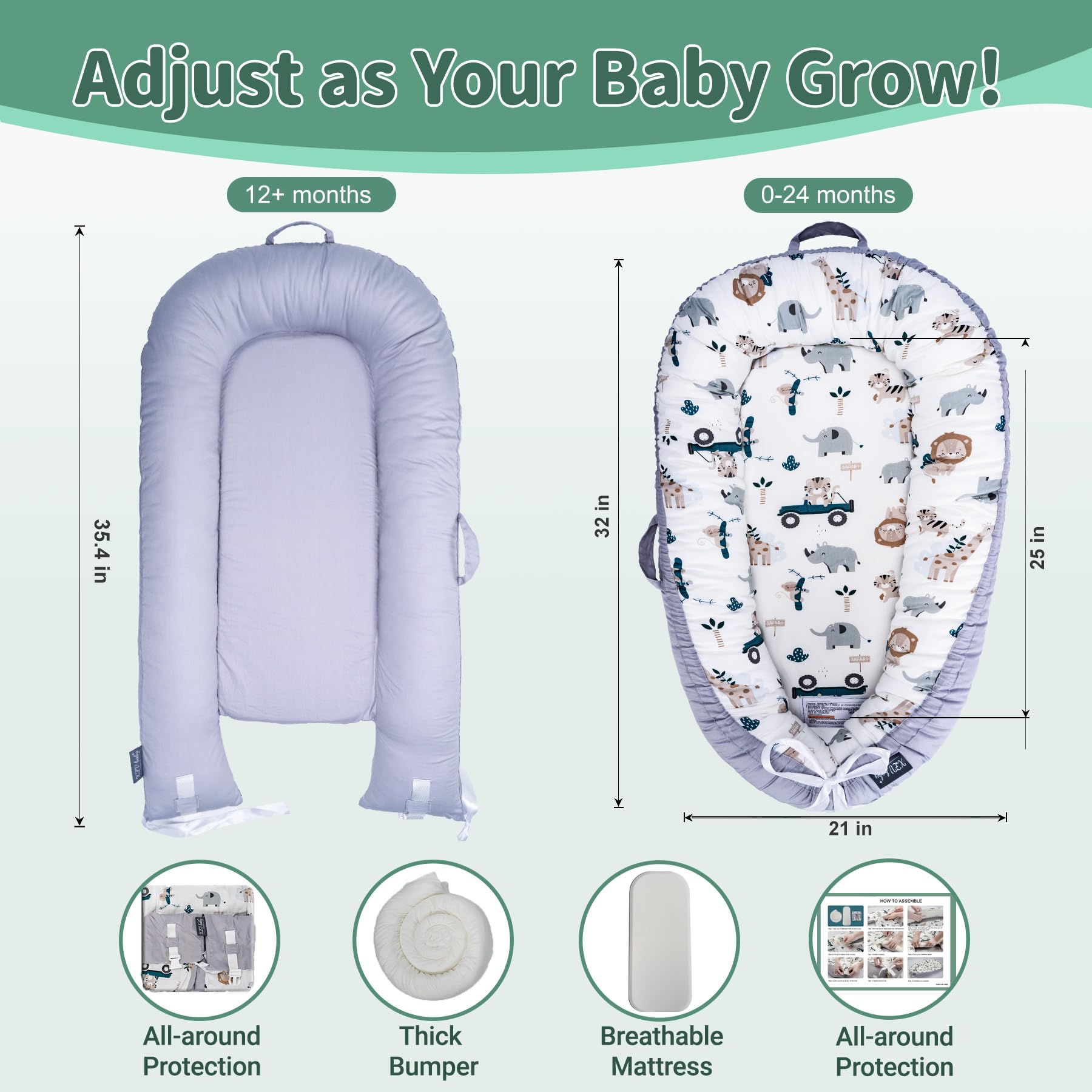 Top view of breathable fabric infant lounger in animal print