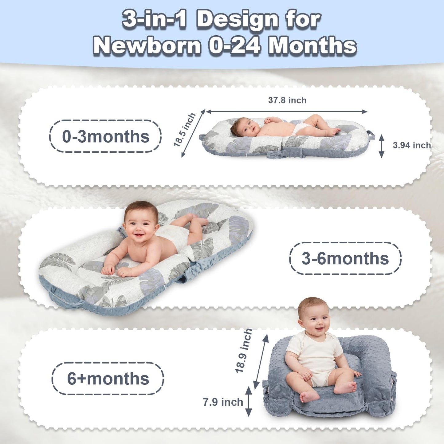 JSTPRO infant lounger showing dual-sided cotton and velvet fabric