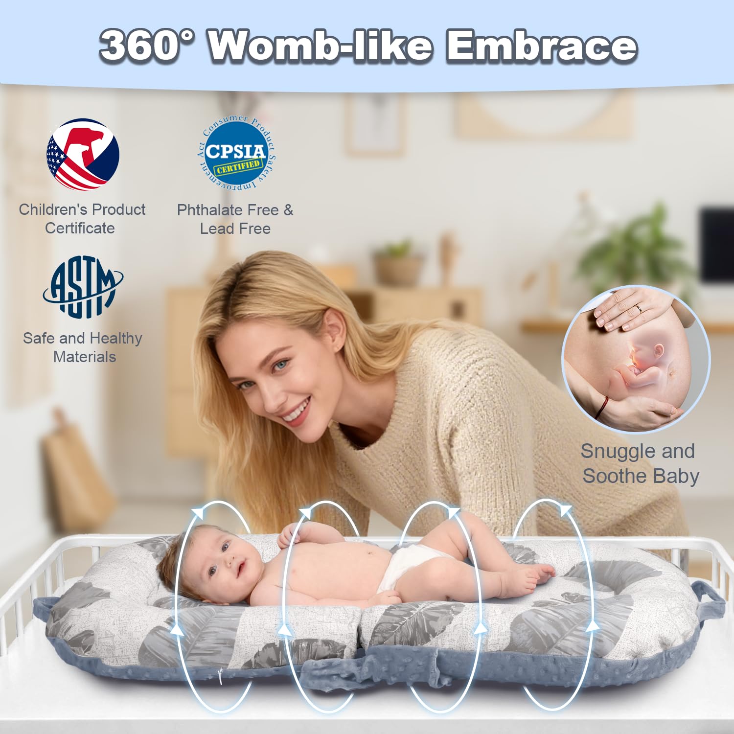 Detail view of removable washable cover on baby nest