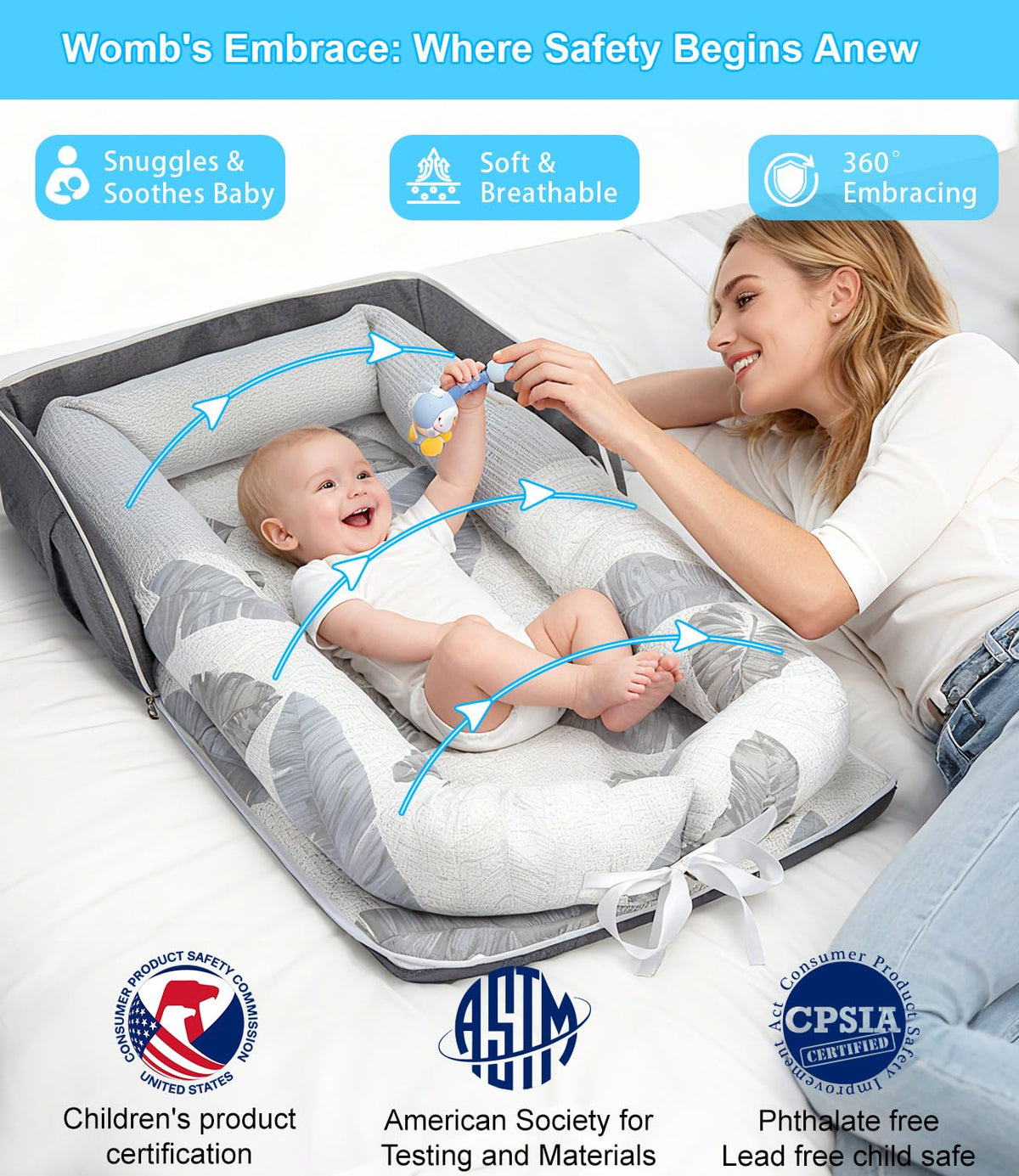 Tcruybed baby nest shown folded into travel backpack format
