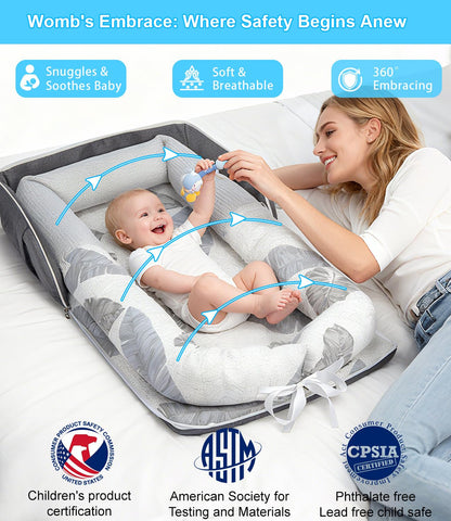 Folded Tcruybed infant nest for travel storage