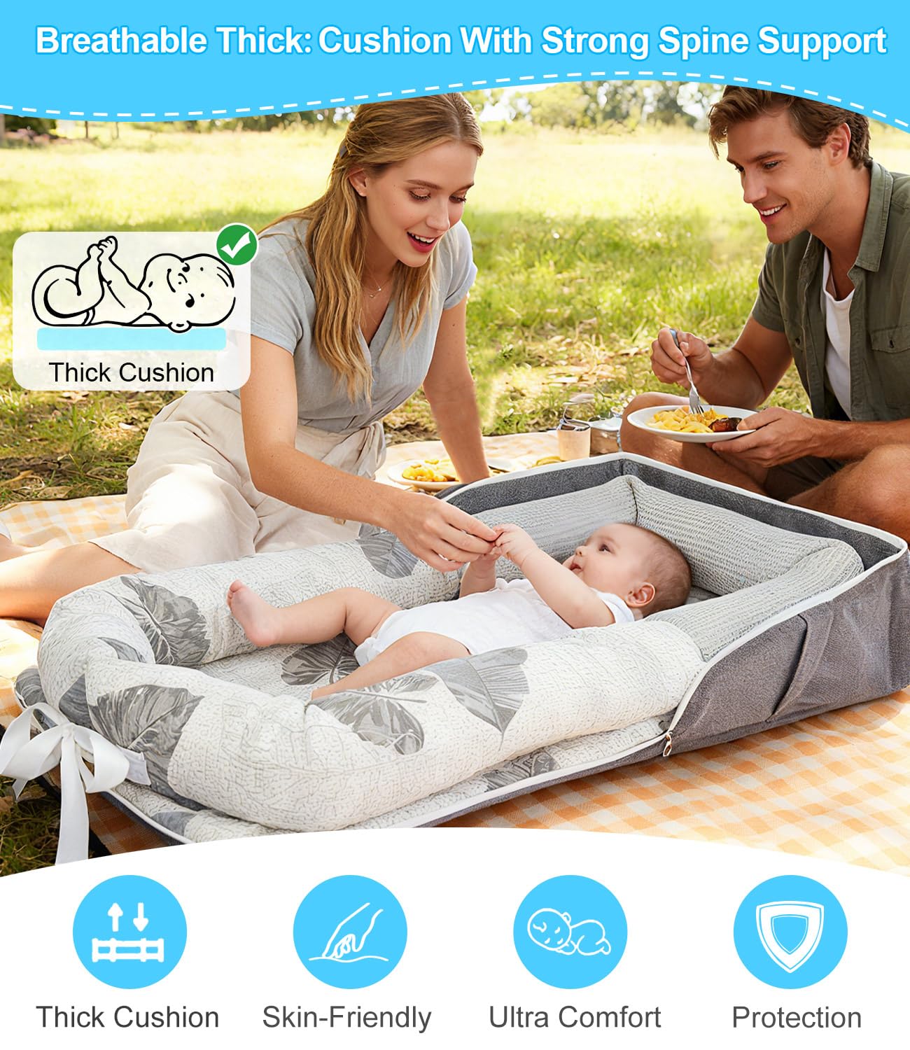 Tcruybed baby lounger gray leaf pattern top view