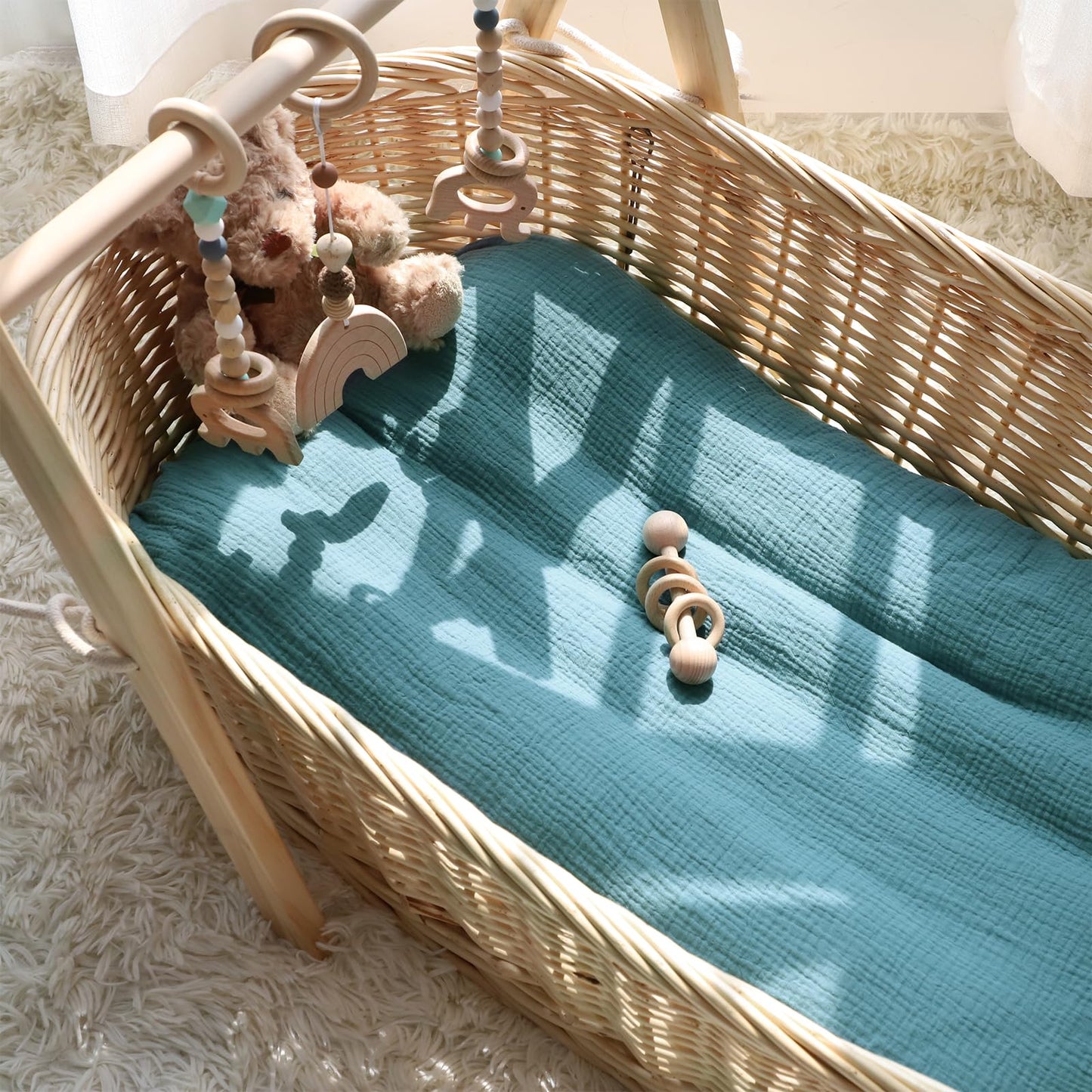 Top down view of blue Hooyax infant lounger slipcover