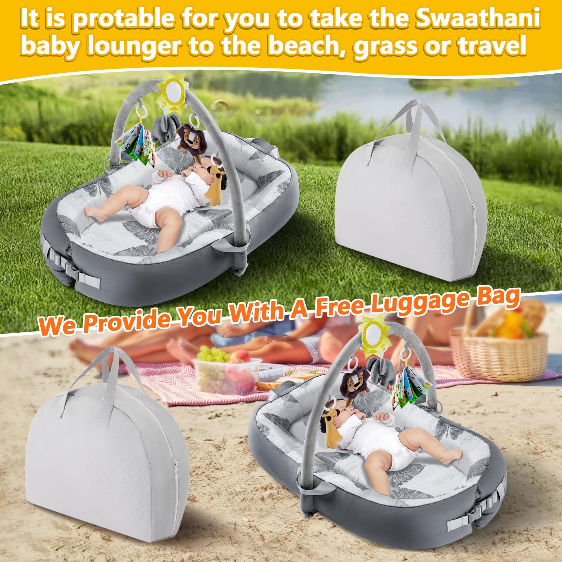 Side view of grey Swaathani travel baby lounger