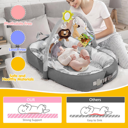 Portable baby lounger folded for travel convenience