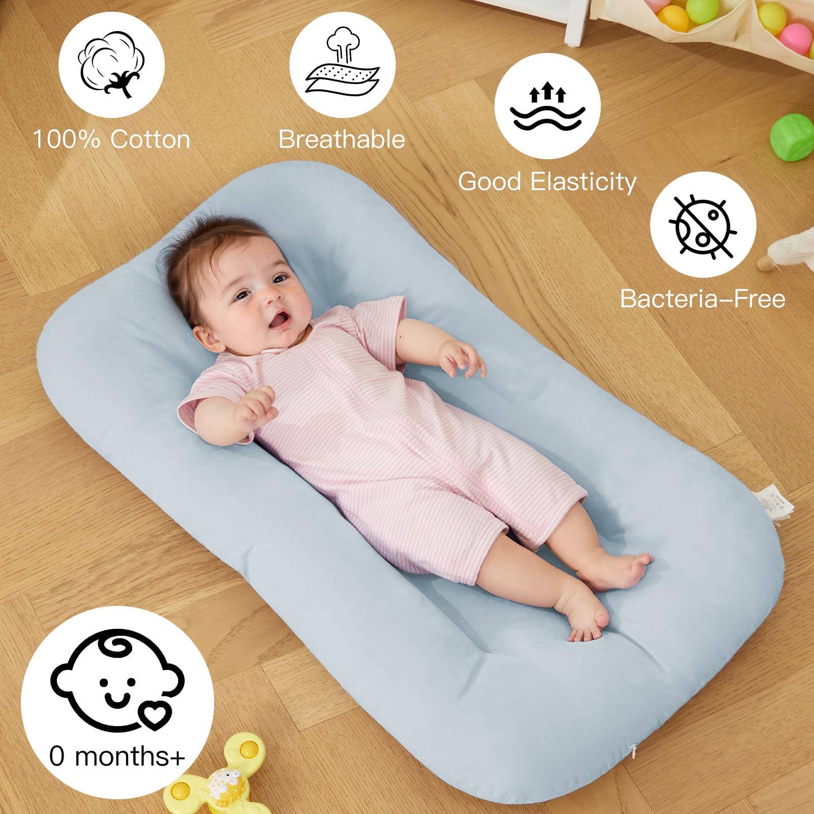 Top down view of breathable grey baby lounger